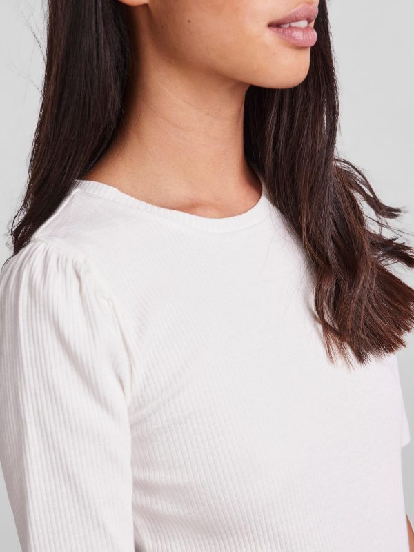 YAS structured puff sleeve jaquard top in cream